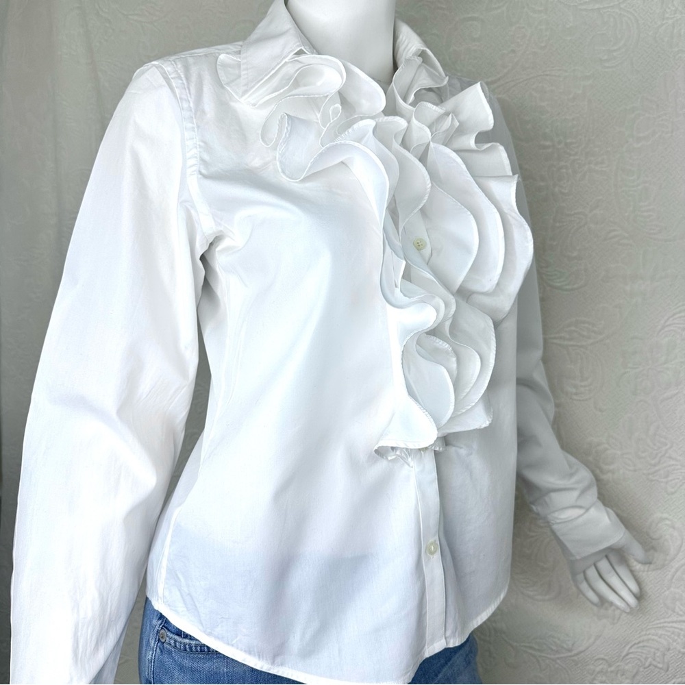 Lauren Ralph Lauren White Cotton Ruffle Front Button Down Shirt - Picture 7 of 16